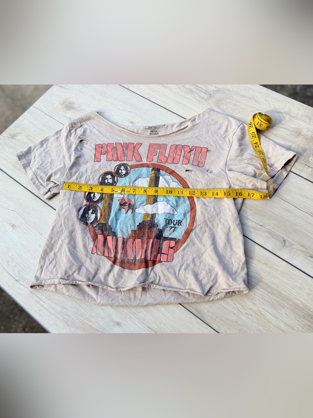 Pink Floyd Distressed Graphic Band Tee XS Cropped Wide Neck One Shoulder NWOT - Picture 6 of 10